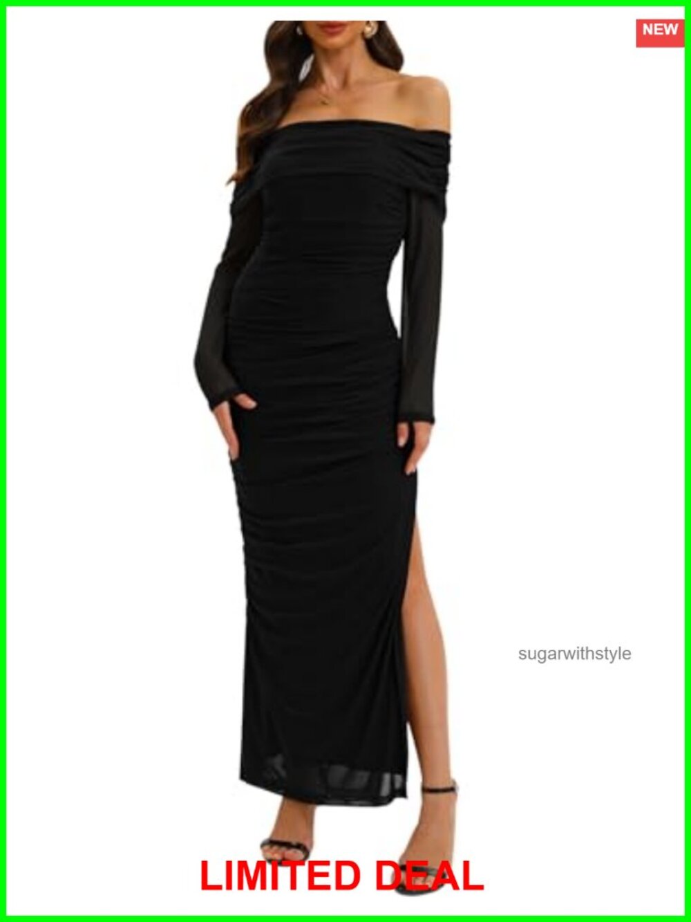 Off Shoulder Long Sleeve Bodycon Maxi Dress Mesh Ruched High Slit Formal